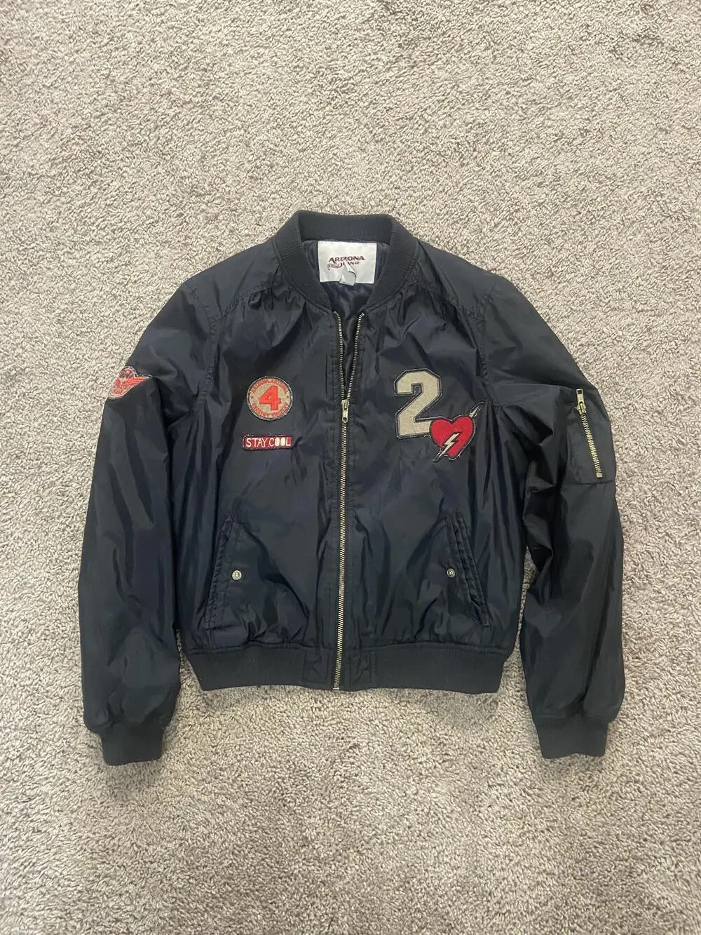 Arizona Jean Co. Jacket Womens Medium Black Bomber Patches Zip Lined Casual